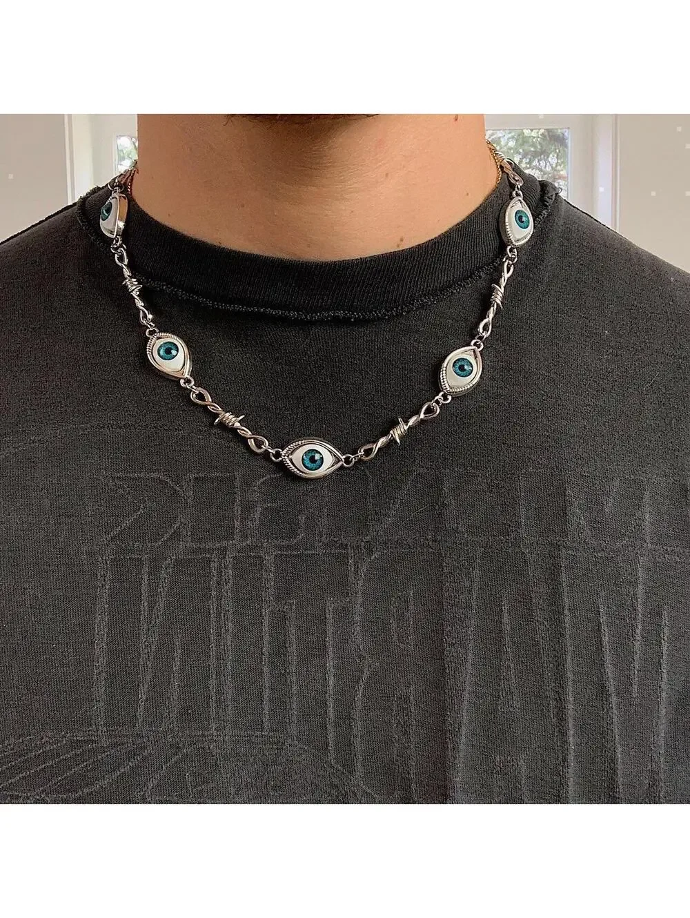 Eye ball pendant barbwire y2k 2000s style necklace